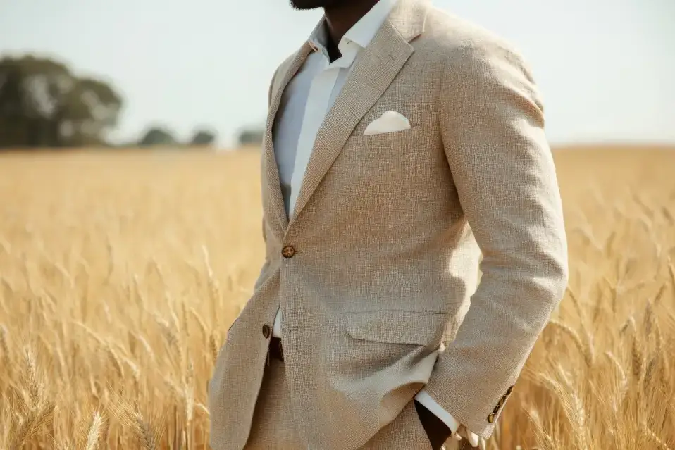 Man in suit standing in wheat