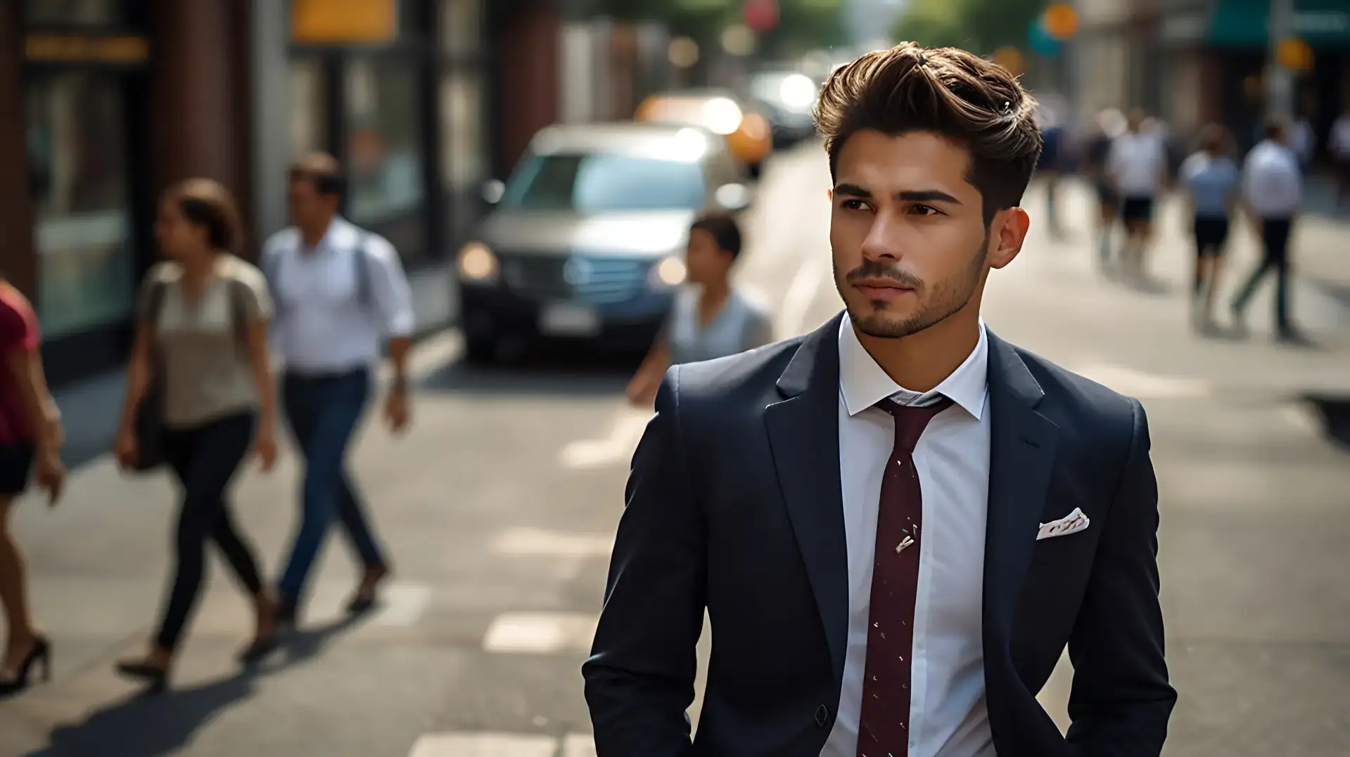 Man in suit on busy street.
