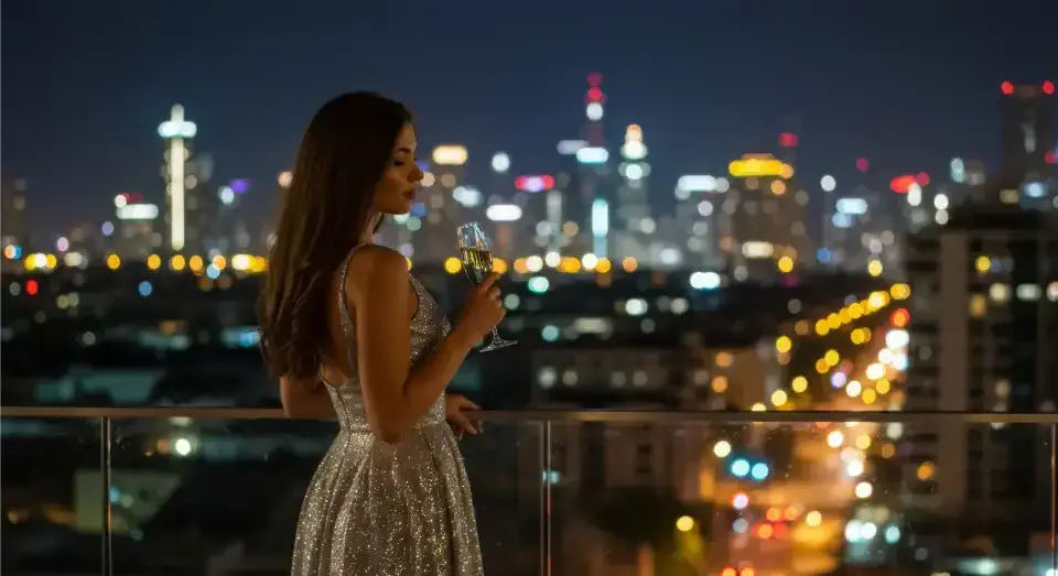 Woman in sparkling dress, city skyline.