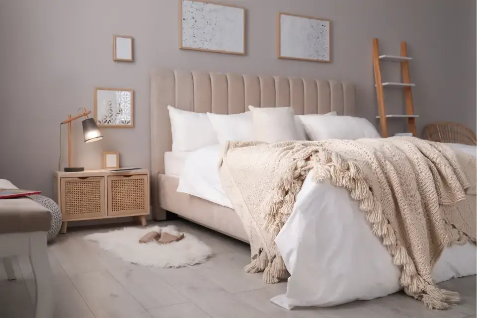 Cozy bedroom with neutral tones.